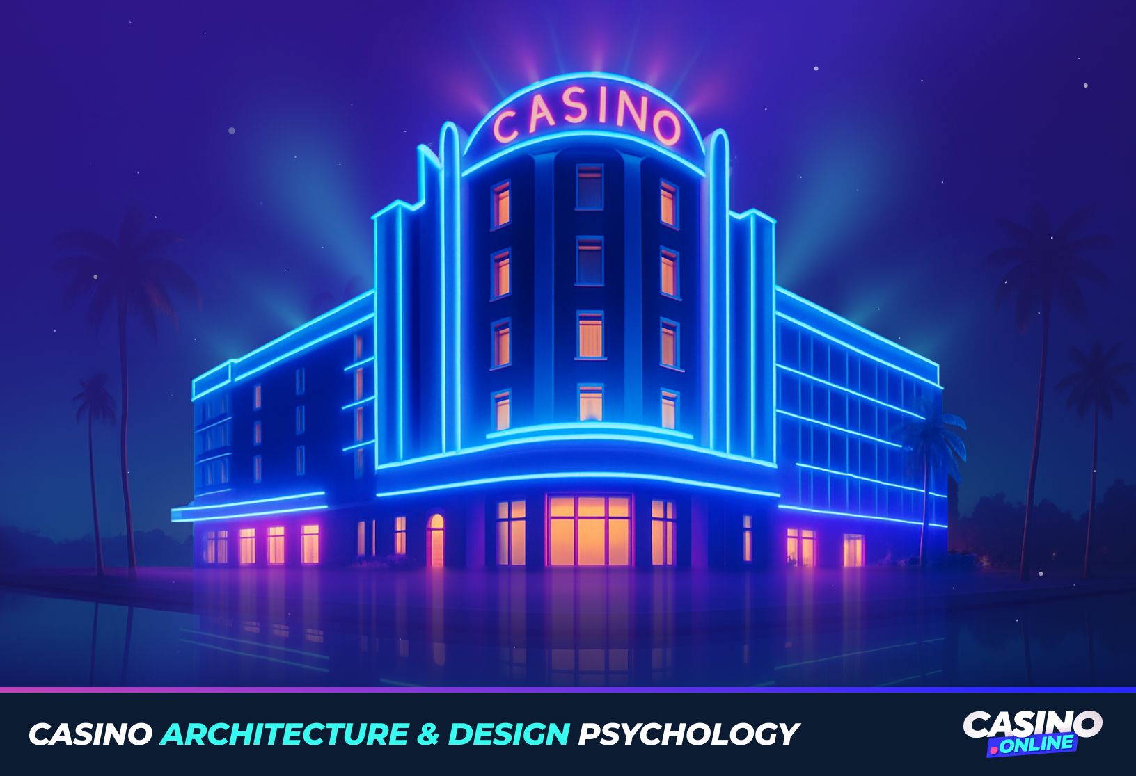 Casino exterior at night with neon lighting, illustrating psychological principles in modern casino architecture and design, for casino online gaming and gambling industry.